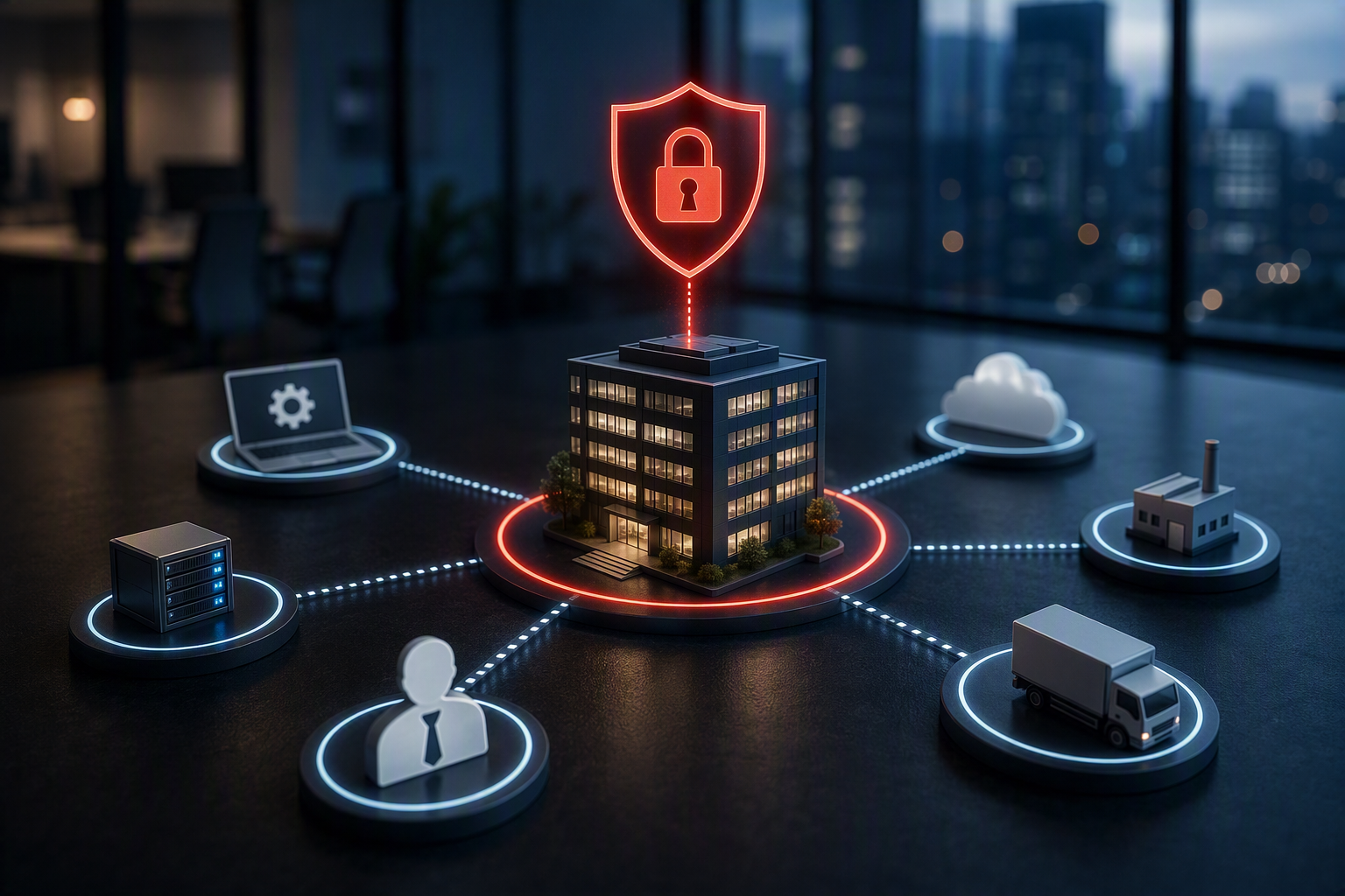 Entreprise reliée à plusieurs partenaires, services cloud et fournisseurs au sein d'un réseau numérique sécurisé.