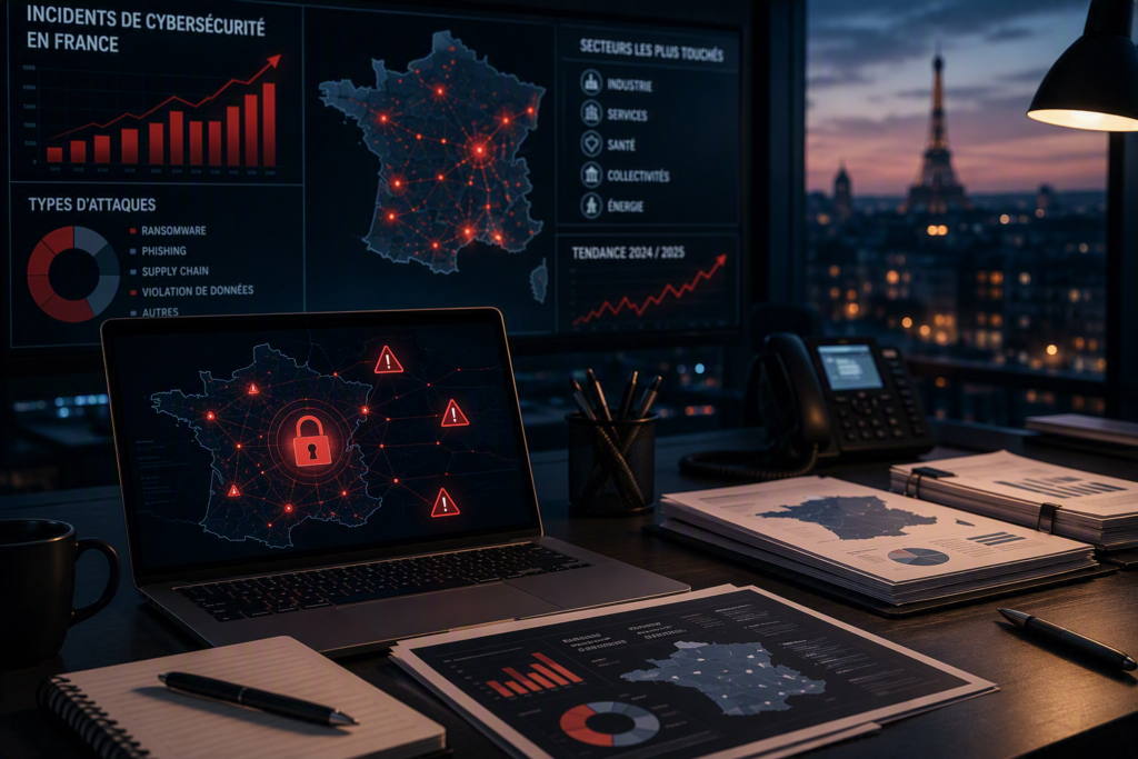 Tableau de bord de cybersécurité affichant une carte de la France, des alertes de sécurité et des indicateurs de cyberattaques.
