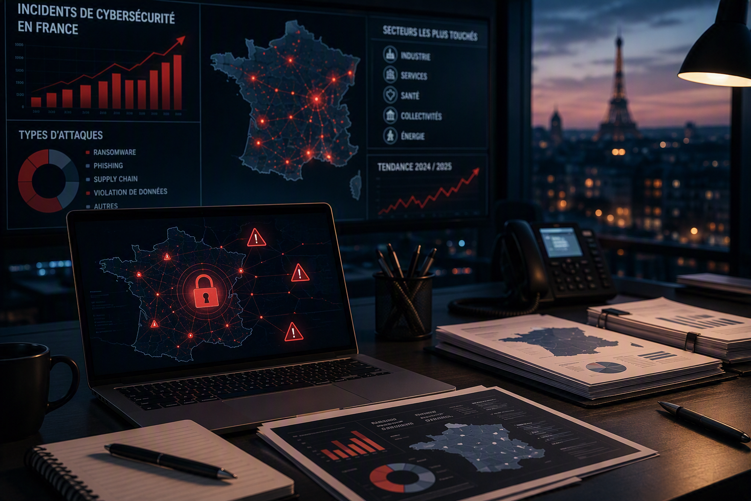 Tableau de bord de cybersécurité affichant une carte de la France, des alertes de sécurité et des indicateurs de cyberattaques.