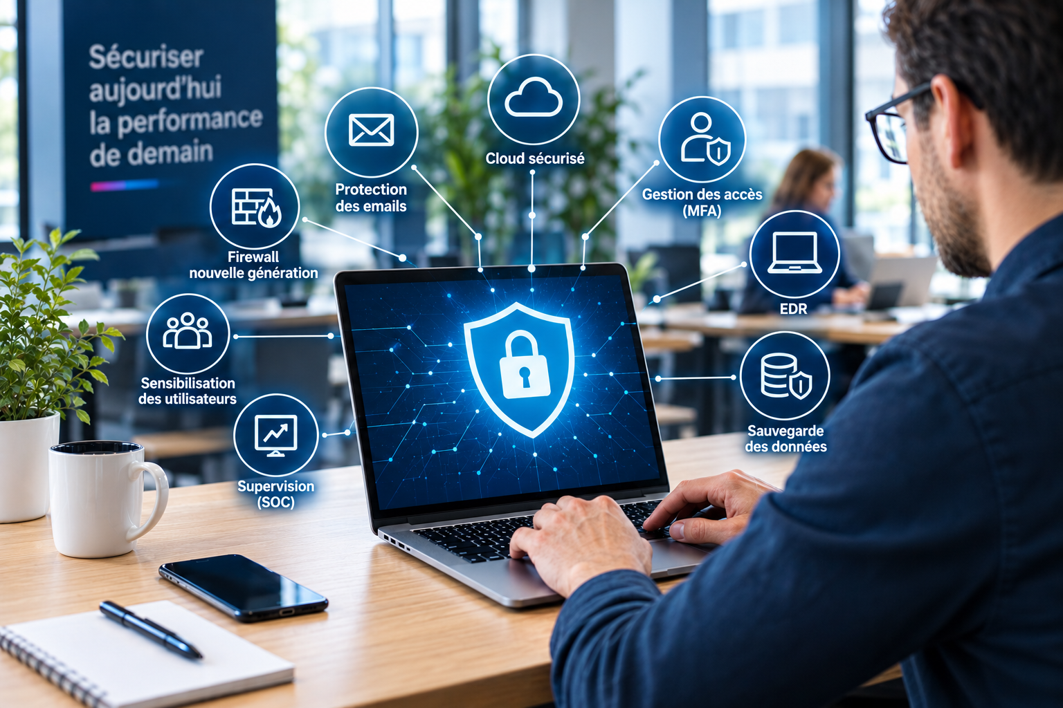 Cybersécurité PME avec protection des accès, emails, postes, réseau et données