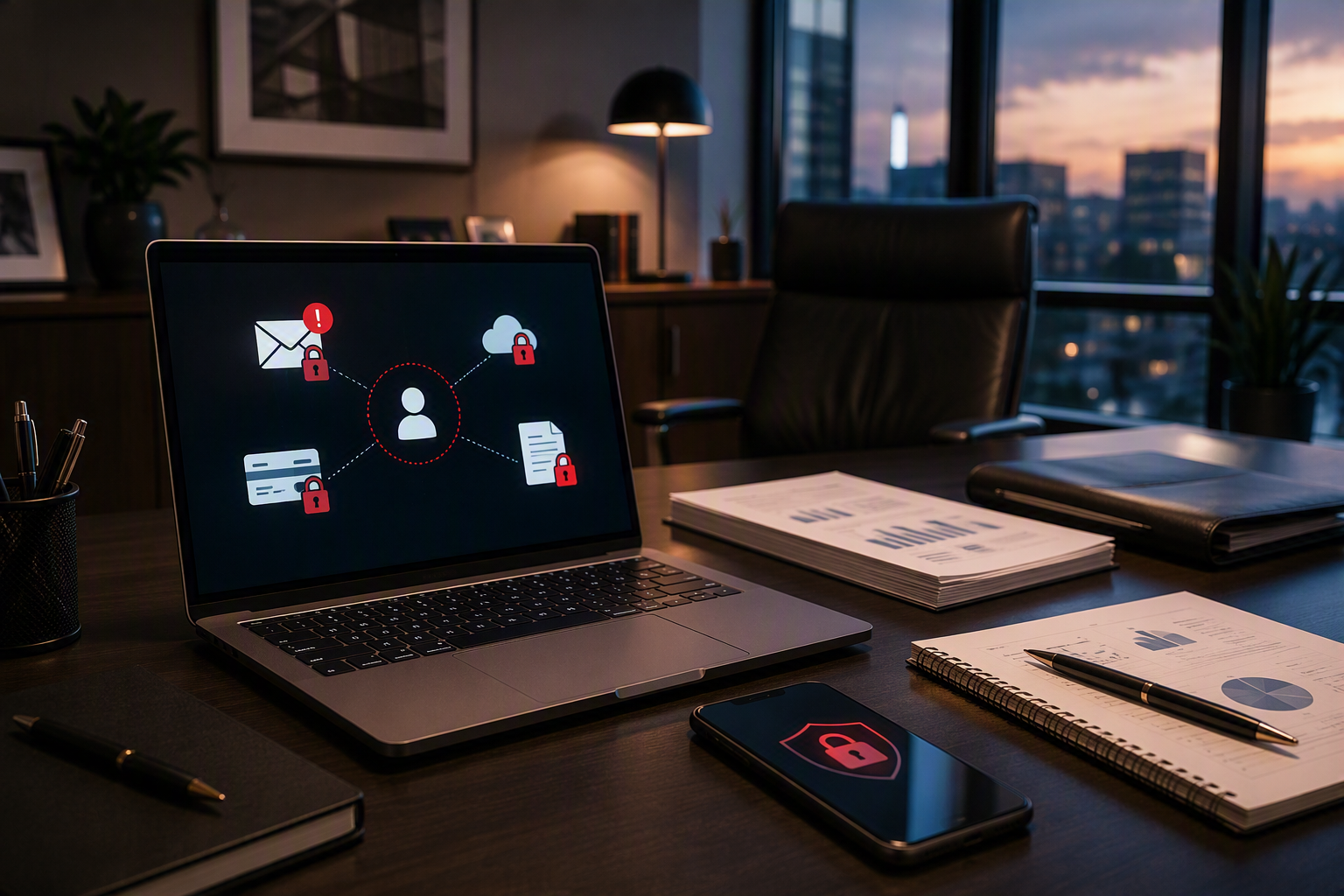 Ordinateur et smartphone sur un bureau de dirigeant affichant des pictogrammes liés à la messagerie, aux accès et à la sécurité des comptes.